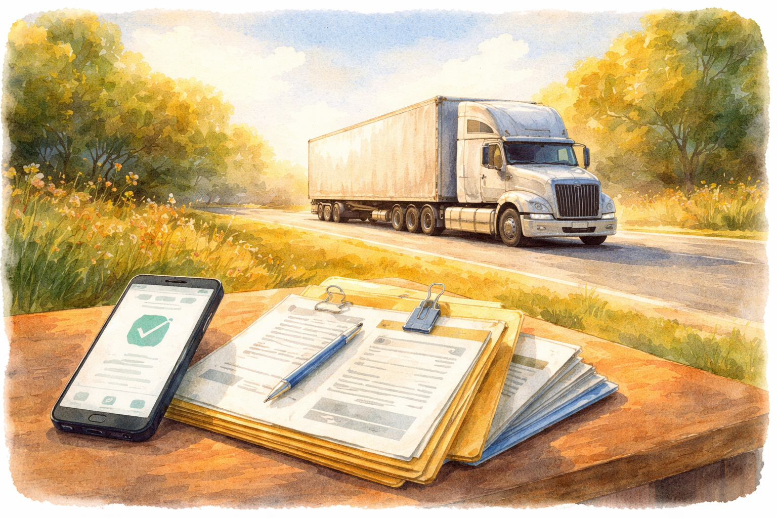 Truck on the road with organized paperwork and a phone